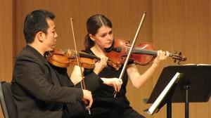 Primary view of object titled '[Samuel Sei-Jin Park and Ekatarina Tarasova perform String Quartet in B-flat major, Op. 18, No. 6]'.