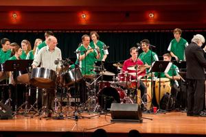 Primary view of object titled '[Rows of percussionists in green shirts performing onstage, 3]'.