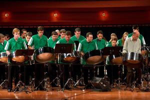Primary view of object titled '[Rows of percussionists in green shirts performing onstage, 5]'.
