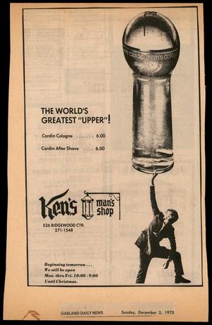 Primary view of object titled '[Two advertisement clippings for Ken's Man's Shop]'.