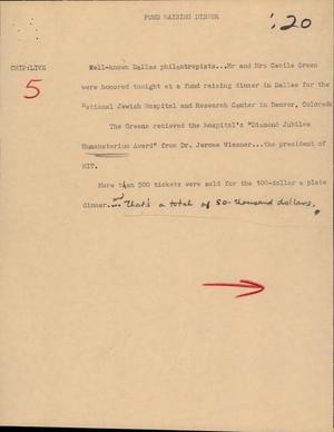 Primary view of object titled '[News Script: Fund Raising Dinner]'.