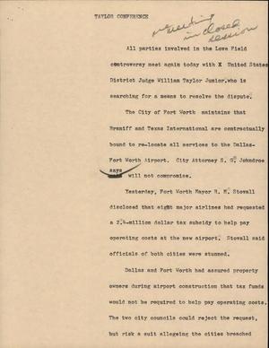 Primary view of object titled '[News Script: Taylor conference]'.
