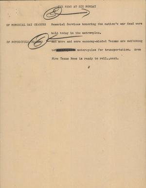 Primary view of object titled '[News Script: Tex news at six Monday]'.