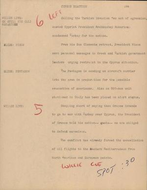 Primary view of object titled '[News Script: Cyprus reaction]'.