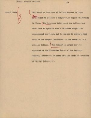 Primary view of object titled '[News Script: Dallas Baptist college]'.