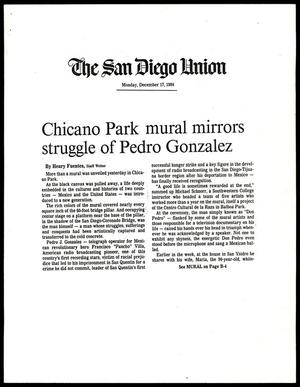 Primary view of object titled '[San Diego Union: Chicano Park mural mirrors struggle of Pedro Gonzalez]'.