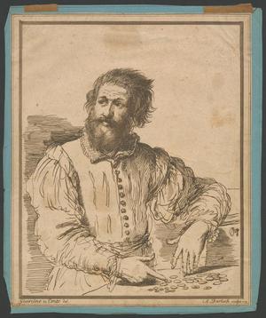 Primary view of object titled '[Etching of a man with coins]'.