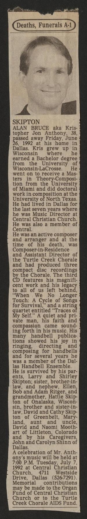 Primary view of object titled '[Clipping: Obituary for Kristopher Jon Anthony]'.