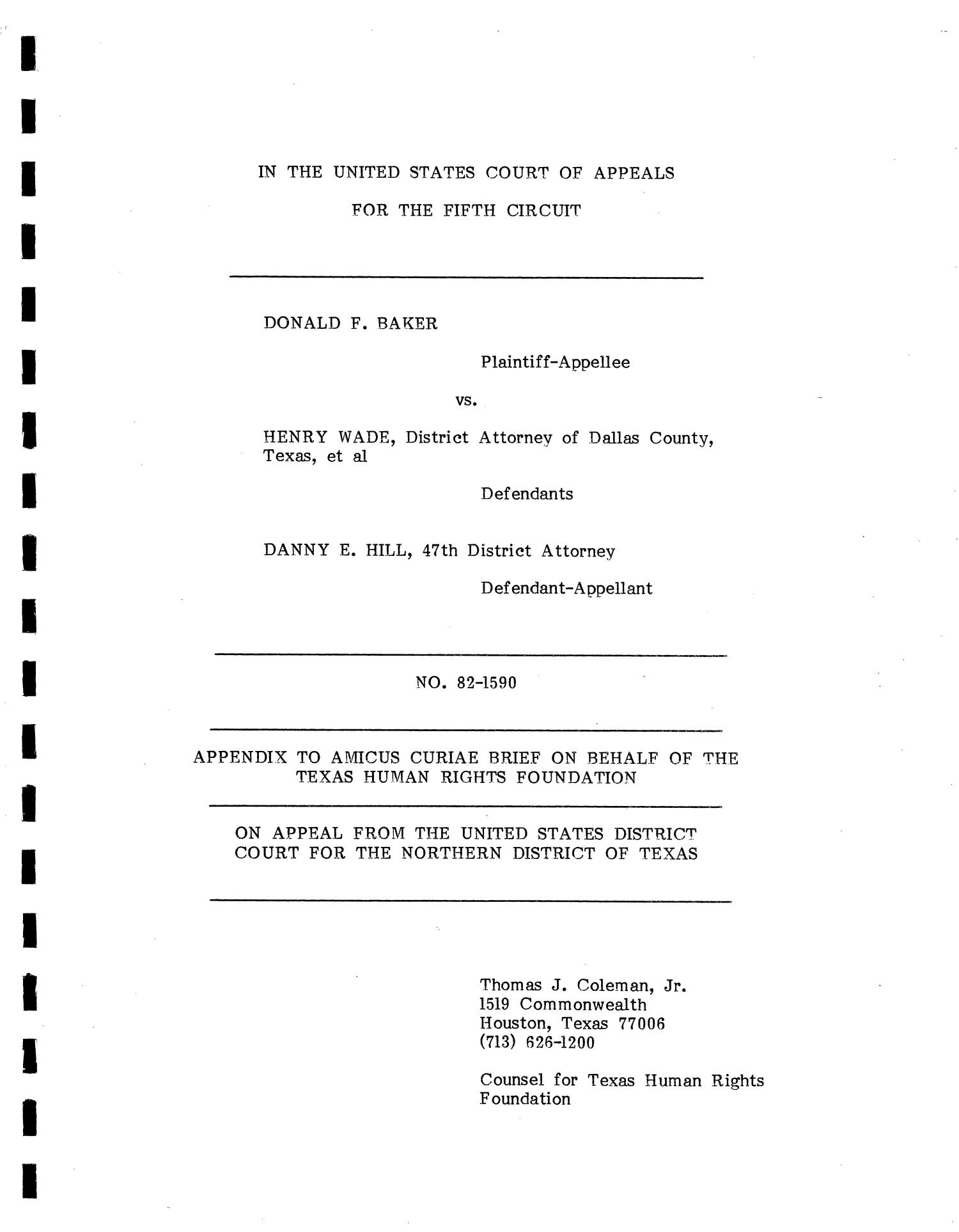 [Amicus Brief Pertaining to the Case of Baker vs. Wade, cause no. 82-1590, 1980.]
                                                
                                                    Title Page
                                                