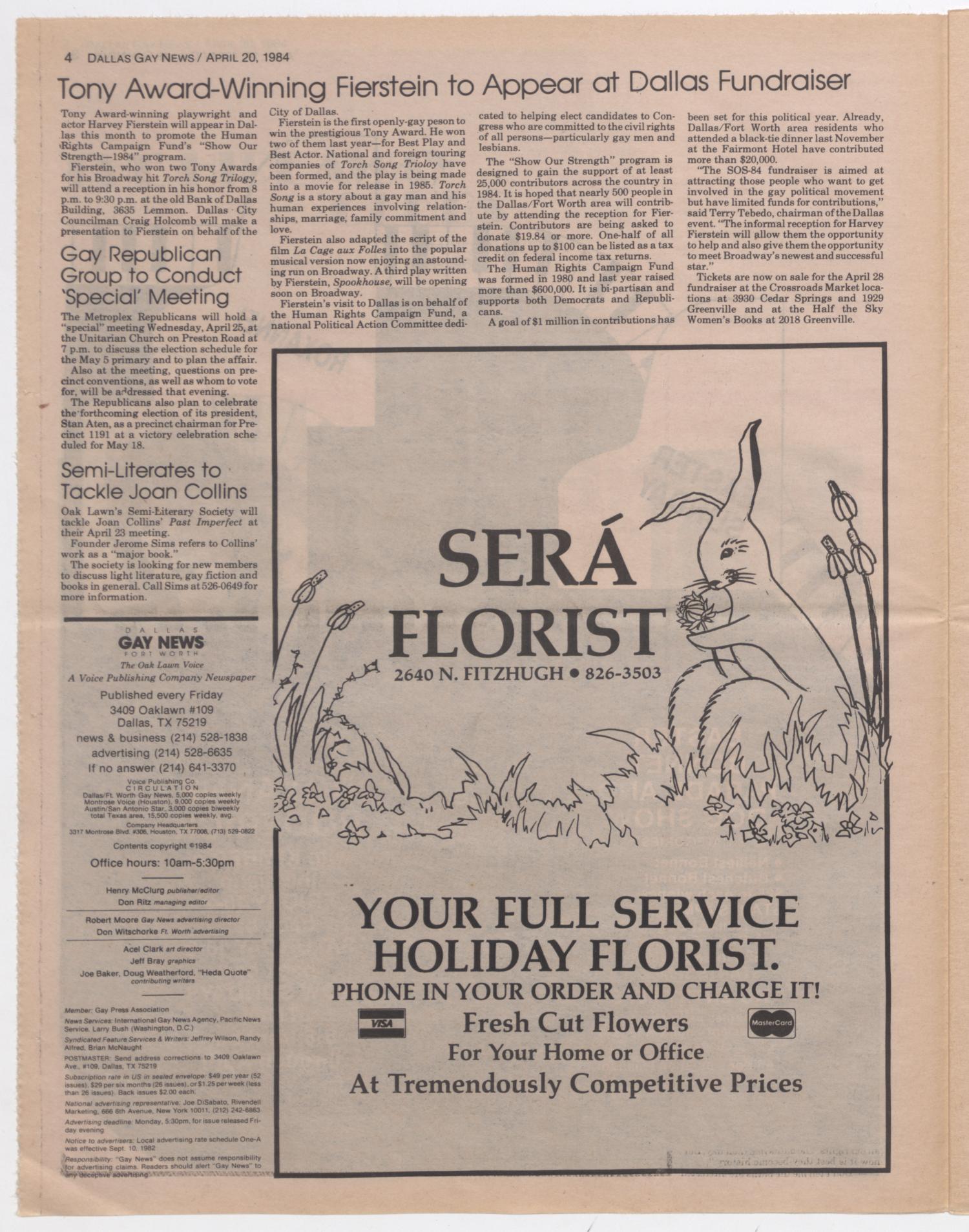 Dallas Gay News, Issue 85, Friday, April 20, 1984
                                                
                                                    4
                                                
