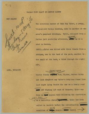 Primary view of object titled '[News Script: Dallas Hood Slain in Denton County]'.