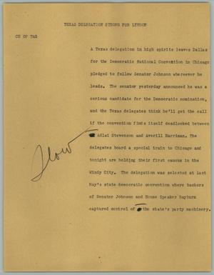 Primary view of object titled '[News Script: Texas Delegation Strong for Lyndon]'.