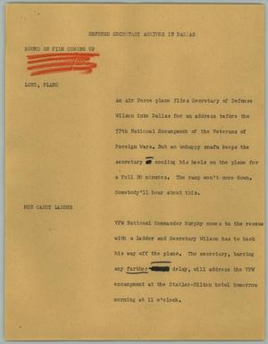 Primary view of object titled '[News Script: Defense Secretary Arrives in Dallas]'.