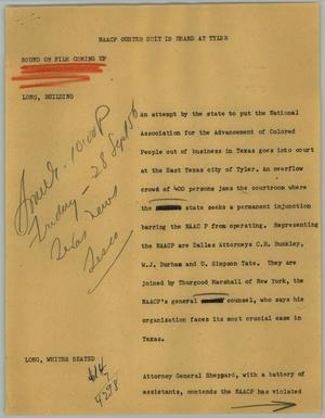Primary view of object titled '[News Script: NAACP Ouster Suit is Heard at Tyler]'.
