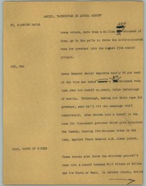 Primary view of object titled '[News Script: Daniel, Yarborough in August Runoff]'.