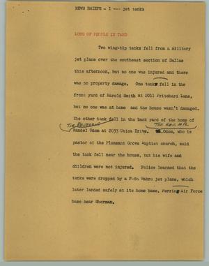 Primary view of object titled '[News Script: News briefs; Jet Tanks; Fire; Westover Hills]'.