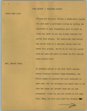 Primary view of object titled '[News Script: News Briefs -- Margaret Priest]'.