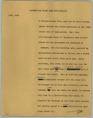 Primary view of object titled '[News Script: Gainesville Blaze Loss Over Million]'.
