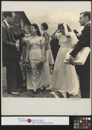 Primary view of object titled '[Ralph Richardson talking to the bride and groom, 1]'.
