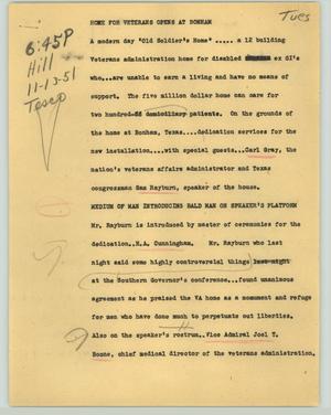 Primary view of object titled '[News Script: Home for veterans opens at Bonham]'.