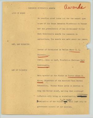 Primary view of object titled '[News Script: Research foundation awards]'.
