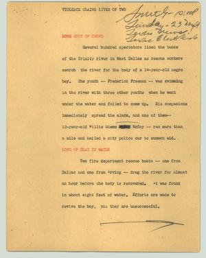 Primary view of object titled '[News Script: Violence claims lives of two]'.