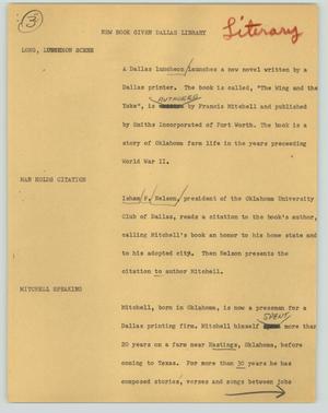 Primary view of object titled '[News Script: New book given Dallas library]'.