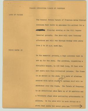 Primary view of object titled '[News Script: Parade introduces Parade of Progress]'.