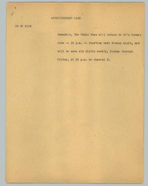 Primary view of object titled '[News Script: Advertisement card]'.