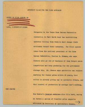 Primary view of object titled '[News Script: Anderson calls for new farm approach]'.