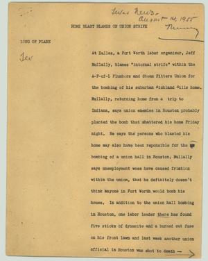Primary view of object titled '[News Script: Home blast blames on union strife]'.