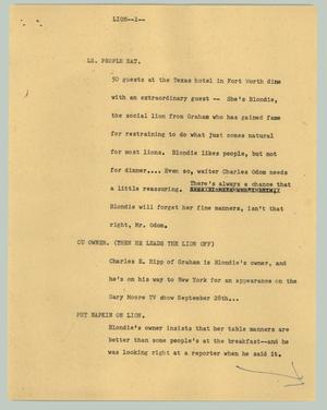 Primary view of object titled '[News Script: Lion]'.