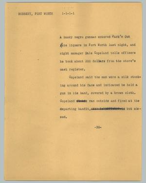 Primary view of object titled '[News Script: Robbery, Fort Worth]'.