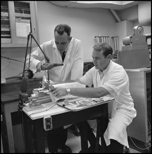 Primary view of object titled '[Biology researchers adjusting station 4]'.