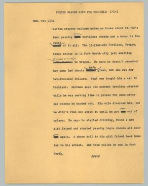 Primary view of object titled '[News Script: Forger blames wife for troubles]'.