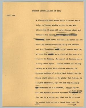 Primary view of object titled '[News Script: Suspect admits assault on girl]'.