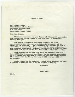 Primary view of object titled '[Letter from Lanny Hall to Ernest Truman, March 4, 1981]'.