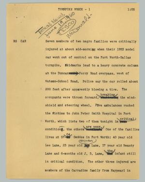 Primary view of object titled '[News Script: Turnpike wreck]'.