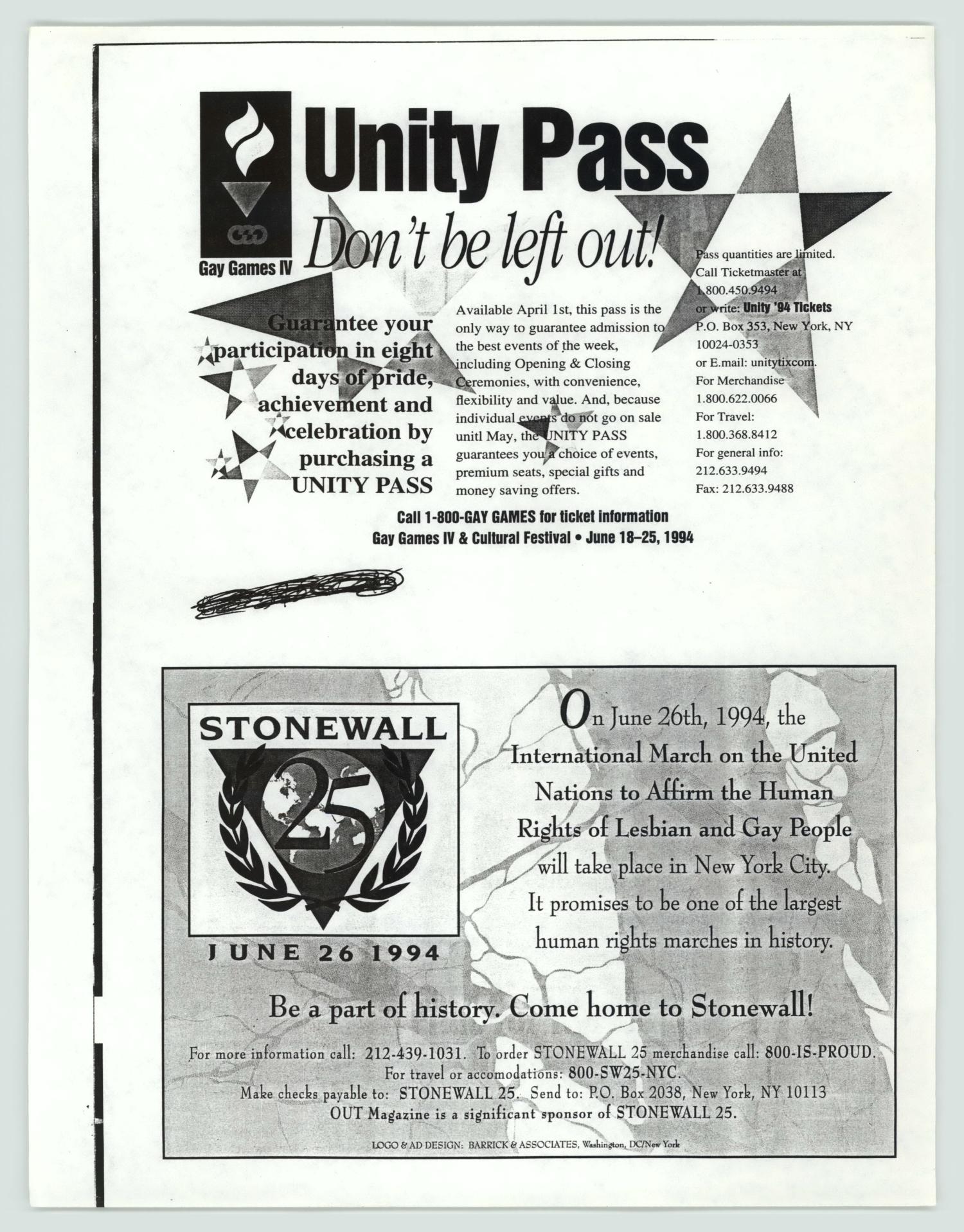[Newsletter: Unity Pass and Stonewall 25]
                                                
                                                    [Sequence #]: 1 of 2
                                                
