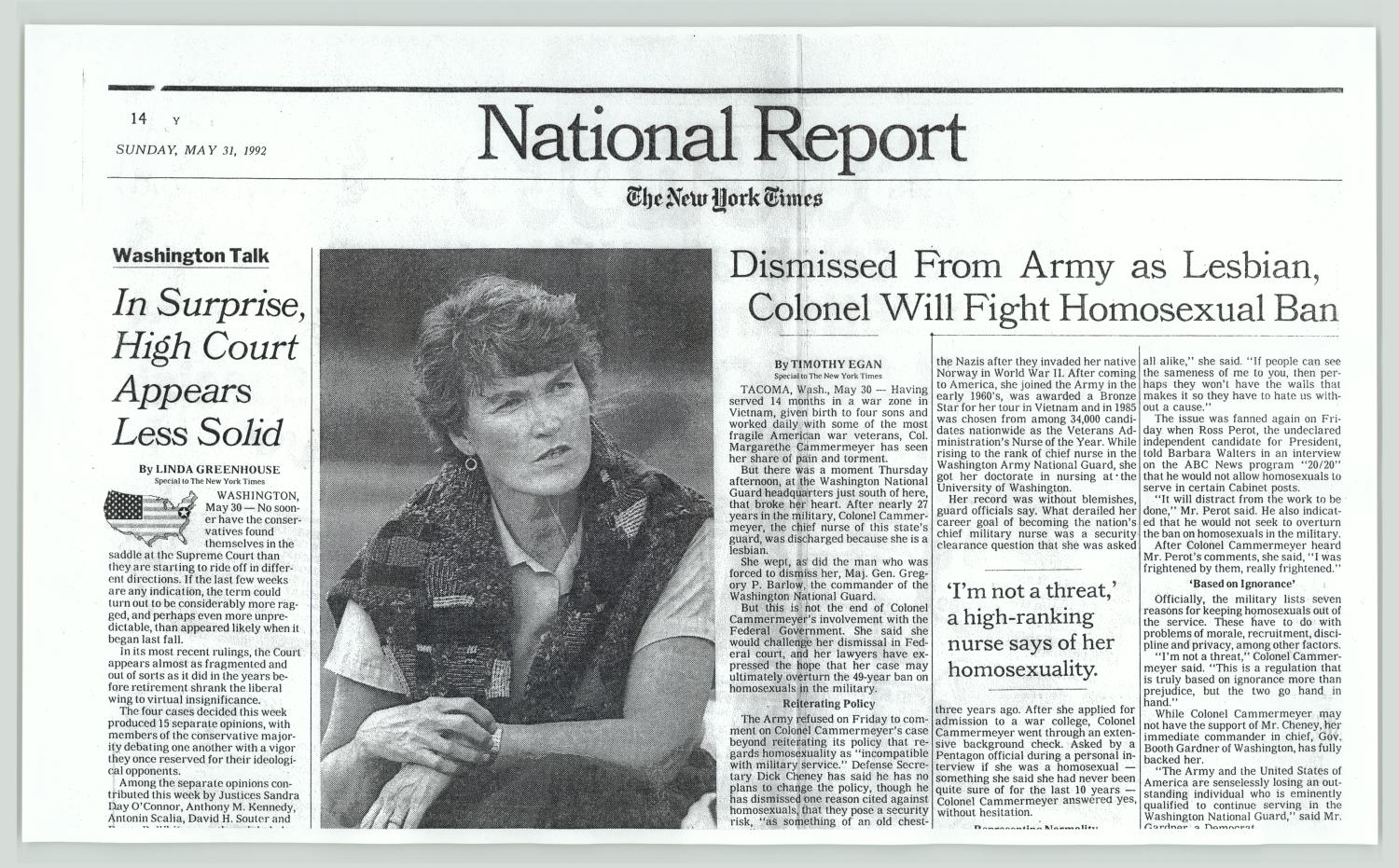 [Clipping: Dismissed from Army as a lesbian, colonel will fight homosexual ban]
                                                
                                                    [Sequence #]: 1 of 6
                                                