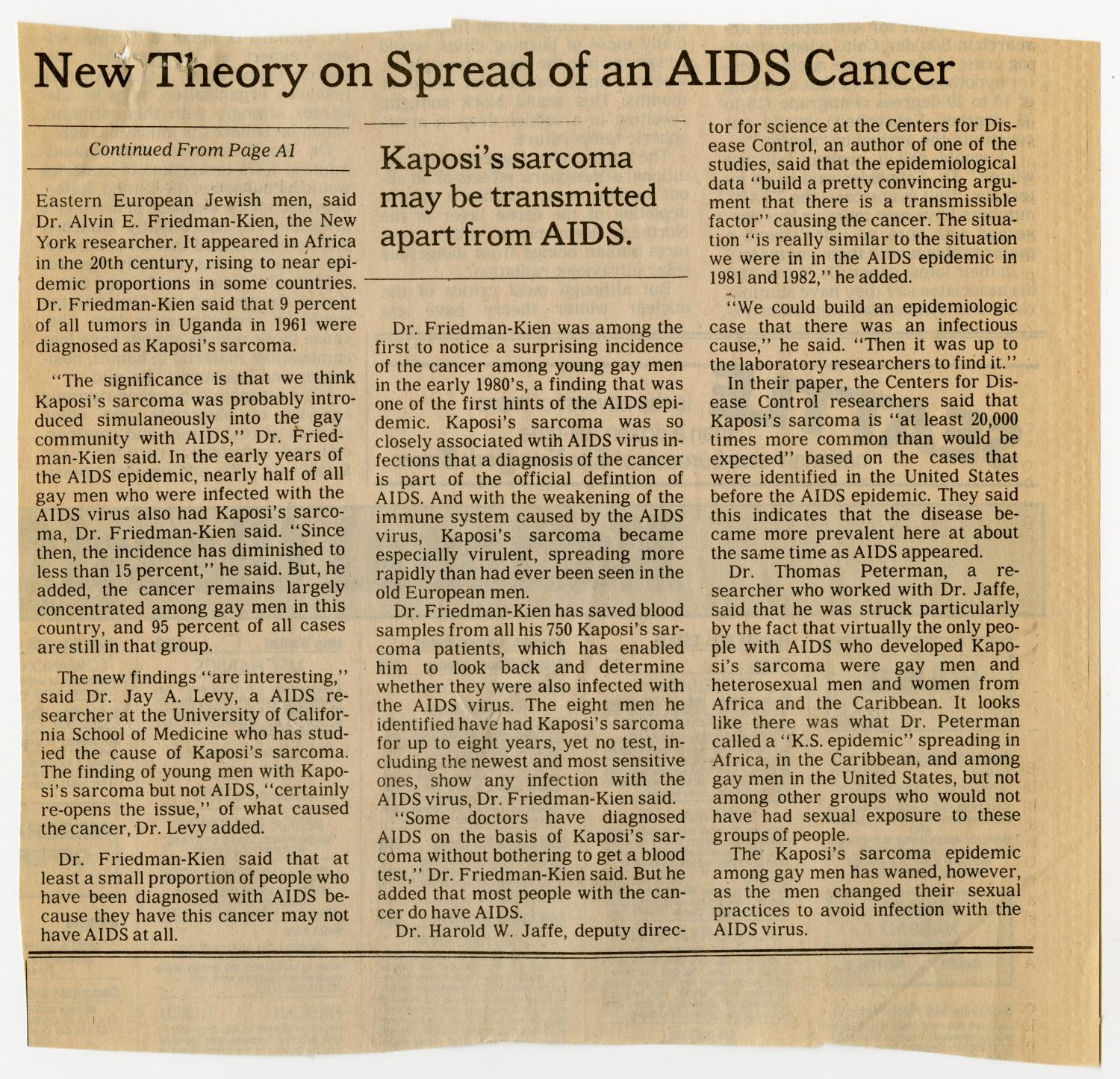 [Newspaper clippings: New Theory on Spread of an AIDS Cancer]
                                                
                                                    [Sequence #]: 3 of 4
                                                