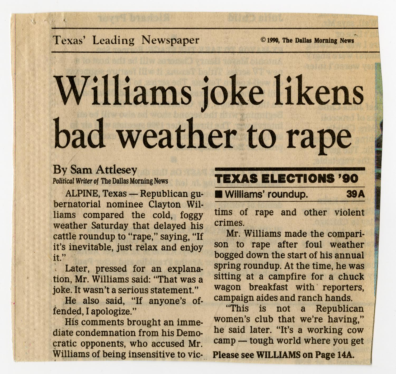 [Newspaper clippings: Williams joke likens bad weather to rape]
                                                
                                                    [Sequence #]: 1 of 4
                                                