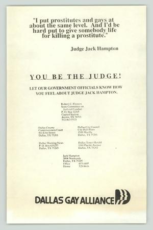 Primary view of object titled '[Poster: Dallas Gay Alliance advertise for public reaction against Judge Jack Hampton]'.