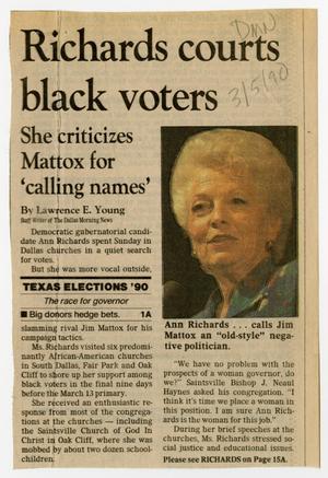 Primary view of object titled '[Newspaper clipping: Richards courts black voters]'.
