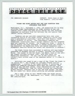 Primary view of object titled '[Press release: "Fight the right action kit" for 1992 election year available from NGTLF]'.