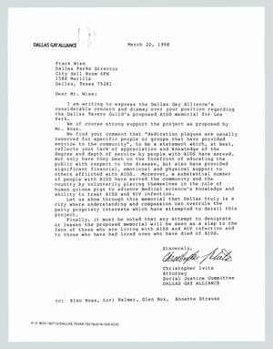 Primary view of object titled '[Letter: Dallas Gay Alliance to Dallas Parks Department]'.
