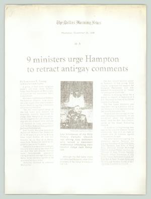 Primary view of object titled '[Photocopied Dallas Morning News clipping: 9 ministers urge Hampton to retract anti-gay comments]'.