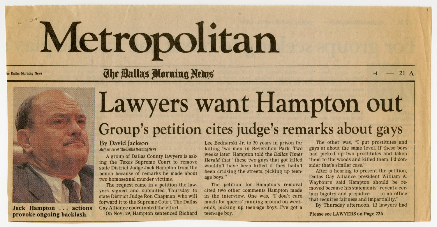 [Dallas Morning News clipping: Lawyers want Hampton out]
                                                
                                                    [Sequence #]: 1 of 4
                                                