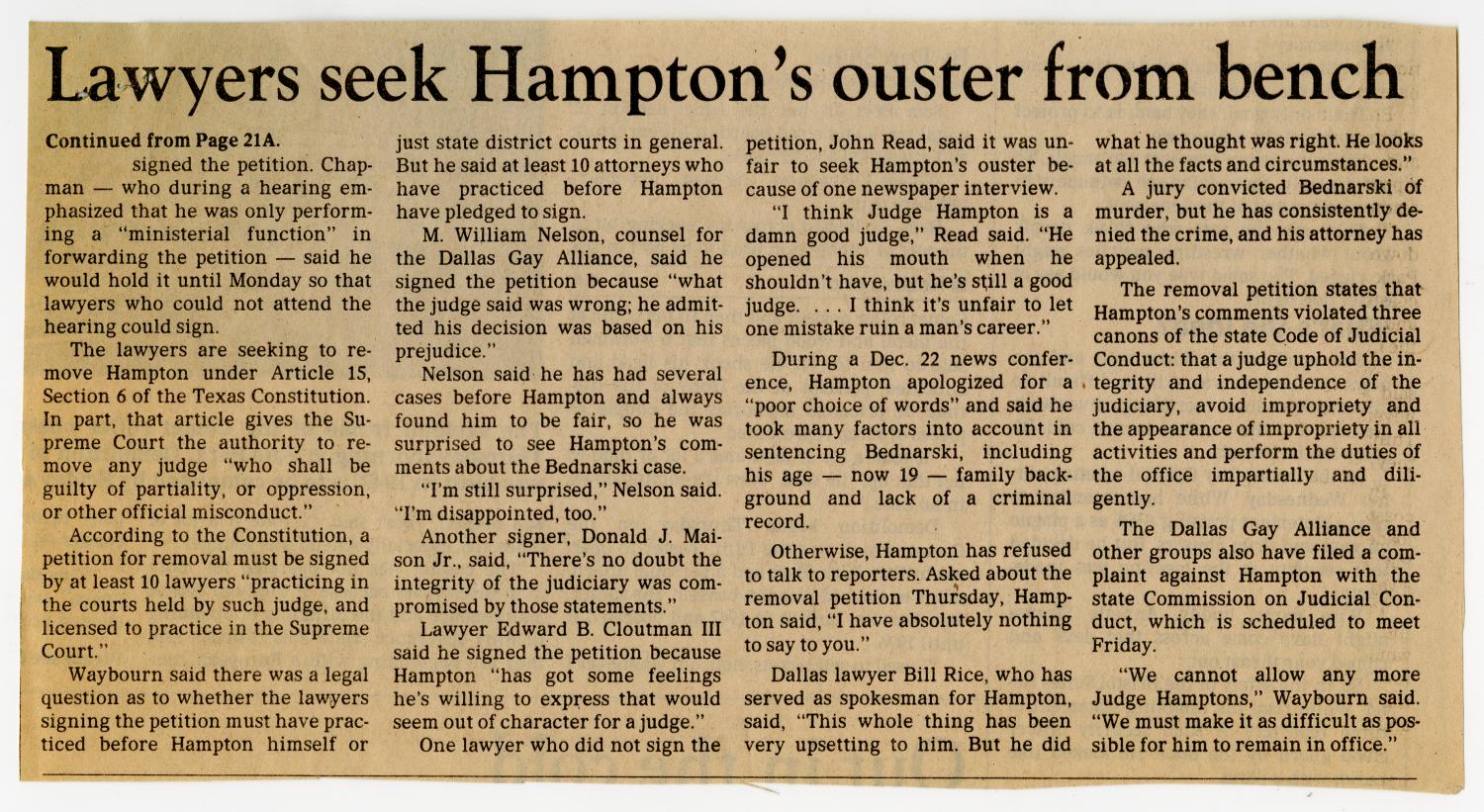 [Dallas Morning News clipping: Lawyers want Hampton out]
                                                
                                                    [Sequence #]: 3 of 4
                                                