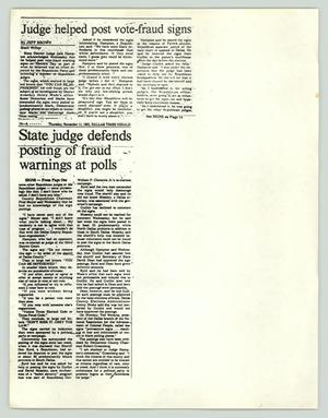 Primary view of object titled '[Newspaper clipping: Judge helped post vote-fraud signs]'.